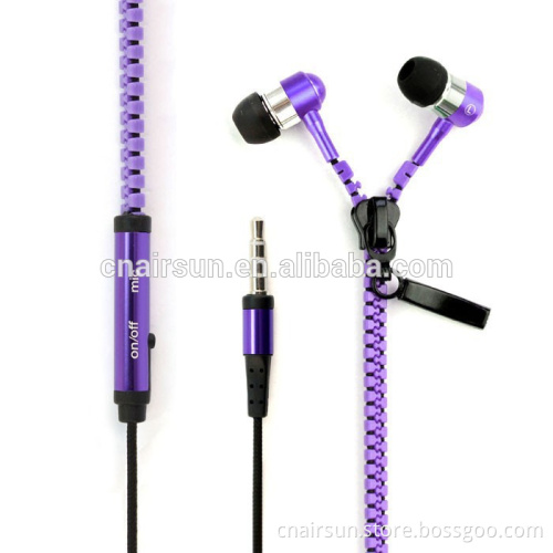 High Quality Zipper Earphone with Mic
